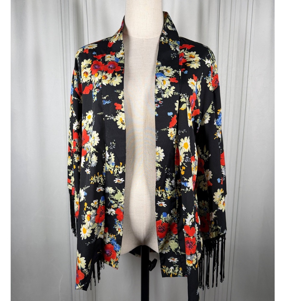 Fun & Flirt Black Floral Fringe Kimono‎ Cardigan - Size Small Boho